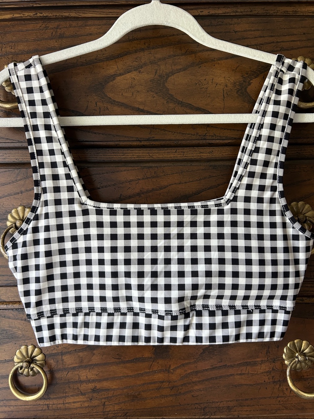 Hazel Moon Active Collection Gingham Square-Neck Bralette — Black & White, XL